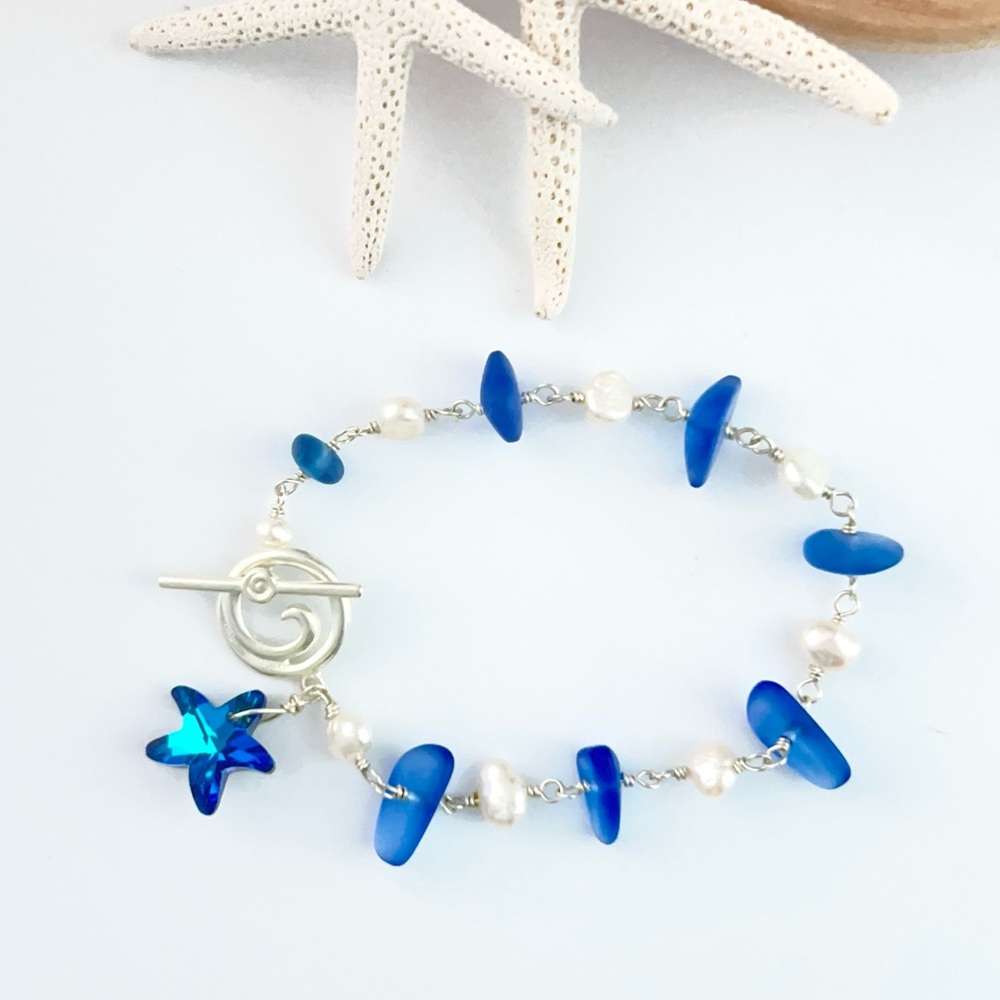 Handcrafted Ocean Inspired Deep Blue Sea Glass FW Pearls Bracelet Wave …